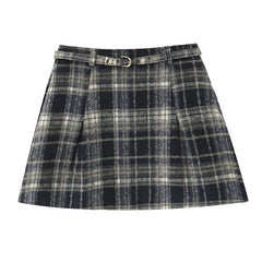 French Style Retro Plaid Mini Skirt Women Vintage High Waist With Belt A-line Spring Skirts