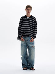 American Retro Striped Contrasting Color V-neck Long-sleeved Polo Shirt Men Women Loose Casual Bottoming Trendy Tops Aesthetic voguable