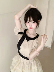 Off Shoulder Bow Sweet Dress Women Vintage O Neck Casual Elegant Mini Dress Lace Patchwork Retro Slim Lady Summer Vestidos voguable