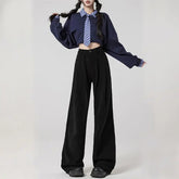 Voguable Fashion Preppy Style Autumn Winter New Full Length Pants Women Solid Pockets Zipper High Waist Loose Straight Wide Leg Trousers voguable