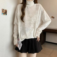 Korean Fashion Lace Women Clothing Turtleneck T-Shirts Bottoming Vintage Female Spring Autumn New Loose Casual Long Sleeve Tops voguable