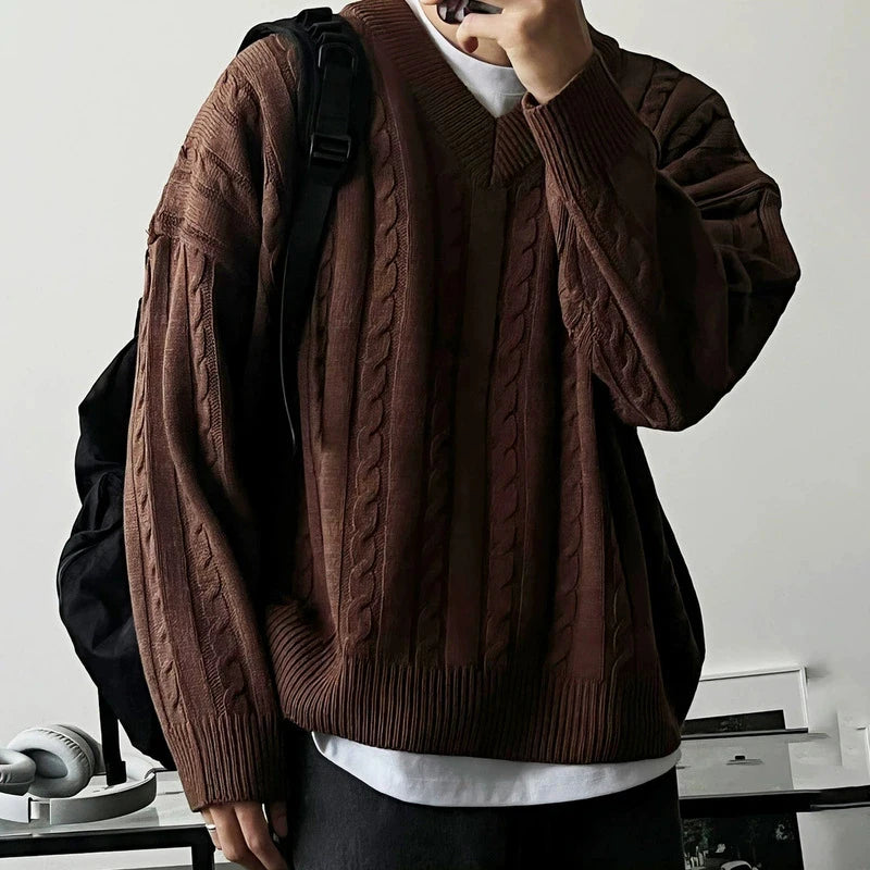 New American Retro Men Jacquarded Sweater Casual V Neck Solid Color Long Sleeve Knitwear Premium Quality Knitted Pullovers M-2XL voguable