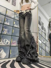 HOUZHOU Y2k Flared Jeans for Women Low Rise Washed Denim Pants Female American Vintage Clothes Raw Edge Design Patchwork Autumn voguable