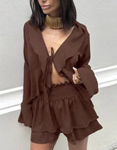 Voguable Spring New Women's Clothing Set with ruffled long sleeves, V-neck exposed navel shirt, short skirt two-piece set voguable