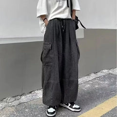 2024 Spring Autumn Men Baggy Jeans Men Wide Leg Pants Big Pockets Elastic Waist Streetwear Trousers Male Loose Denim Pants voguable
