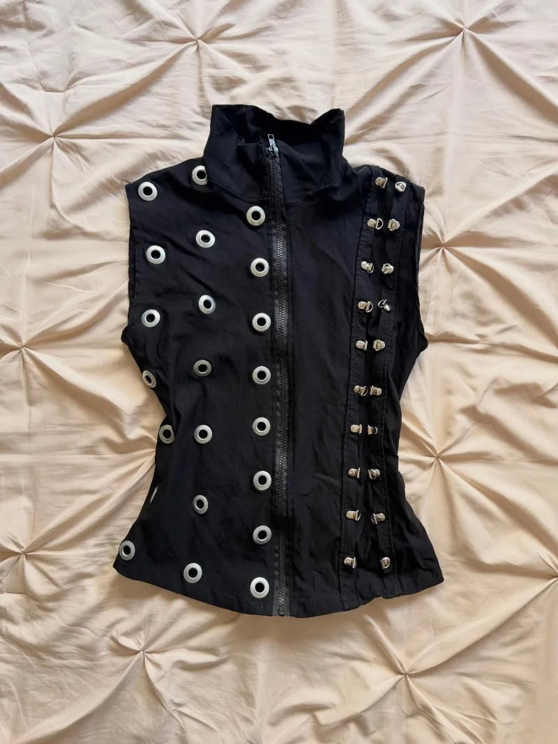 Voguable Women Gothic Black Corset Vest Eyelet Metal Buckle Sleeveless Zip Up Crop Top Streetwear voguable