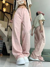 Sweet Pearl Pink Jeans Women High Waist Loose Vintage Design Denim Pants Casual Preppy Style Retro Cute Elegant Trousers voguable