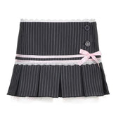 Voguable Japanese Harajuku Sweet Pleated Skirt Striped Bow Age Reducing Short Skirt Retro Contrasting Lace Patchwork Summer voguable