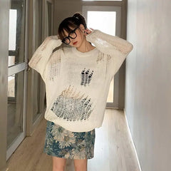 Dark Harbor Wind Hole Knitted Sweater Women Early Spring Loose Hollow-Out Thin Long-Sleeved Tops To Wear A Personalized Sweater voguable