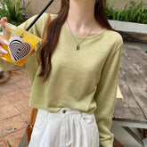 Breezy Long Sleeve Knit Top for Women Breathable O-neck Boxy Pullovers Blouse Summer Sunscreen Shirt Cover Up Casual Outfit voguable