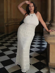 Halter Backless Sexy Maxi Dress For Women Spring Summer New Lace-up Sleeveless Pleated Beach Holiday Long Dress Elegant voguable