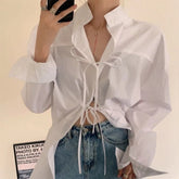 Voguable Designed Two Outfits Bow Cardigan Bow Shirt New French Loose Lazy Blusas Mid-lebgth All-match Tops Backless Fresh Mujer voguable