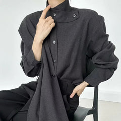 Voguable Men French Stand Collar Shirt Irregular Artistic Design Style Casual Loose Tops Fashion Trend Office Wear Streetwear Retro voguable