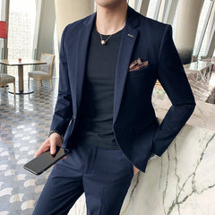 Voguable (Jacket+Pants) Fashion Men's Pure Color Leisure Suits Gray Blue Black Slim Fit Men Business Banquet Suit Set Plus Size 6XL 7XL voguable