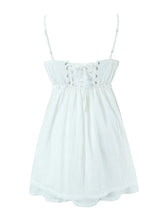 YENKYE Summer 2023 Women Embroidery Spliced Bow White Sling Dress Sexy Sleeveless Back Lacing Up Ladies Holiday Party Mini Robe voguable