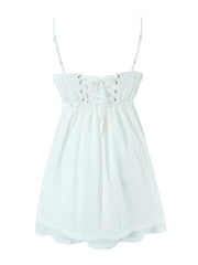 YENKYE Summer 2023 Women Embroidery Spliced Bow White Sling Dress Sexy Sleeveless Back Lacing Up Ladies Holiday Party Mini Robe voguable