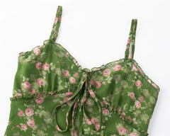 Green Pink Floral Print Women Dress For Summer 2025 New V-neck Chiffon Long Dresses Fashion High Waist Vacation Beach Vestidos voguable