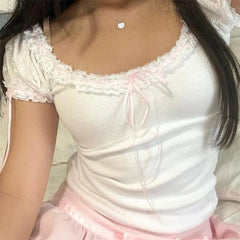 Fairycore Crop Top y2k Clothes Women Lace Trim Scoop Neck Knitted T Shirt with Bow 2000s Clothing Sweet Streetwear voguable