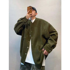 Hong Kong Style Retro Coat Versatile Solid Color Lamb Fur Plus Velvet Shirt Fashion High-end Autumn Winter Loose Fleece Jacket voguable