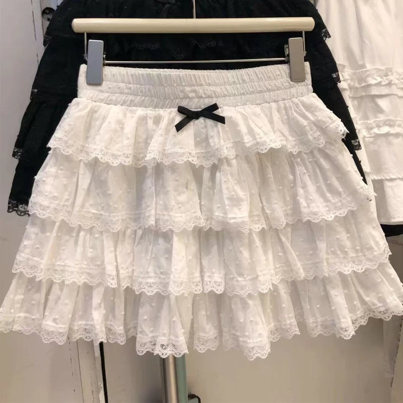 Y2K Women Lace Skirt Summer New Sweet Preppy Patchwork Tutu Skirt High Waist Fashion White Lolita Female Mini Cake Skirt voguable