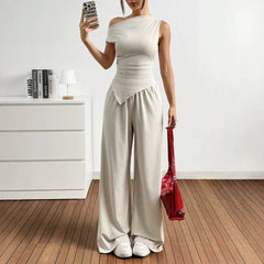 Sets Summer Casual Plain Asymmetrical Short Sleeve One-Shoulder T-Shirts Full Length Wide Leg Pants Sets For Women voguable