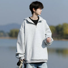 Spring Casual Hoodie Mens Half Zip Pullover Pure Color Streetwear Oversize Comfort Loose Fit Trending Hooded Sweatshirt voguable