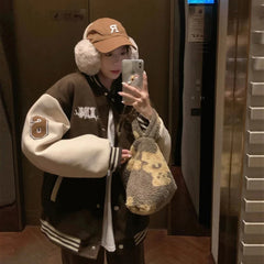 Y2k Varsity Bomber Jacket Women Red Brown Korean Fashion Winter Coat Vintage Baseball Jackets Hip Hop Streetwear Outerwear Tide voguable