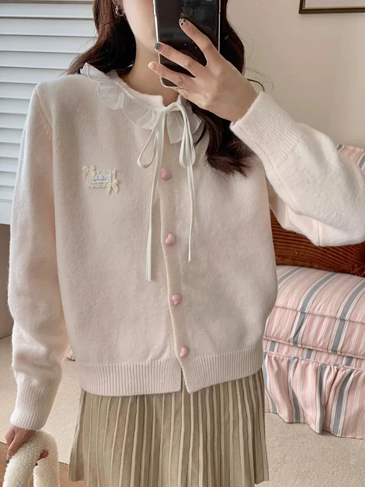 Ruffles Sweet Cardigan Women Cute Long Sleeve Bow Sweaters Preppy Style O Neck Japan Kawaii Letter Lace Up Love Buttons Top voguable
