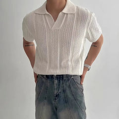 Men's Summer Korean Style Lightweight Knitshort Sleevespolo Shirt Hollow Mesh Texture Knitwear T-shirt Top Body Shirt voguable