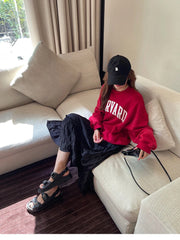 Women's English Printing Long Sleeved Red Sweatshirts Spring Autumn New Street Style Female Loose Round Neck Pullover Tee voguable