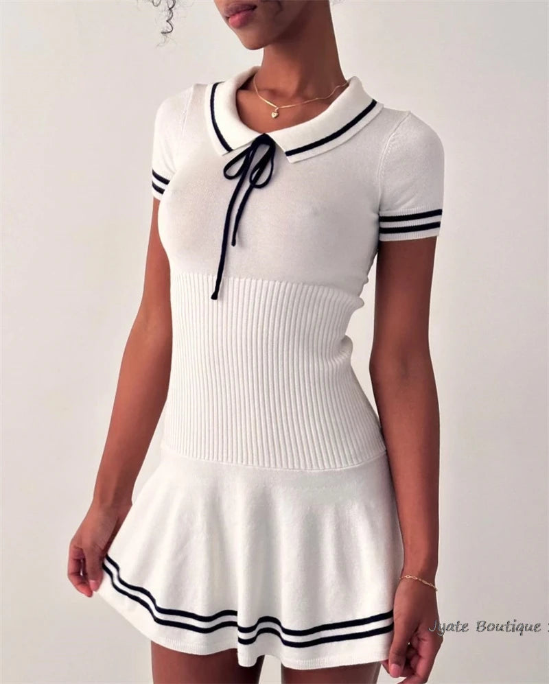 Lapel Lace-up Knit Short Dress 2024 New Fashion Casual A-line Mini Dress For Women Academic Style Pleat Summer Female Vestidos voguable