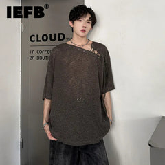 Korean Style Men's T-shirts Short Sleeve Casual Lace-up Design Solid Color Tees Hollow Out Loose Male Tops Summer 9W3719 voguable