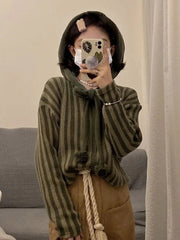 2025 Spring Autumn Korean Hooded Loose Harajuku Sweaters Women Striped Zipper Cardigan Knitted Fashion Gothic Y2k Tops Jumper voguable