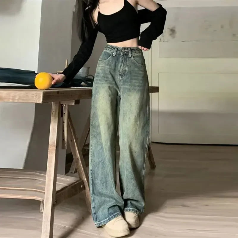 Vintage High-waisted Slimming Jeans American Style Casual Bell Bottoms Versatile Straight-leg Long Pants For Women voguable