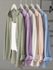 Voguable Chiffon Women Thin Shirts Summer Perspective Button Up Solid Korean Sun Shirt Long Sleeve Fashion Korean Ladies Tops New voguable