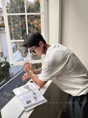 American High-end Henry Neck Short-sleeved T-shirt Men's Korean Hip Hop Tees 2025 Summer New Loose V-neck Trendy Cityboy Top voguable