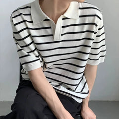Summer Men's Clothing Light Luxury V Neck Knit Polo Shirt Korean Striped Short Sleeve Retro Fashion Leisure Slim Knitwear voguable