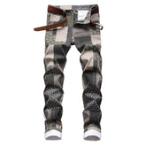 Voguable Men's Patch Patchwork Printed Jeans Fashion Slim Straight Stretch Denim Pants Plaid Digital Painted Trousers voguable