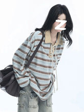 Retro Preppy Style Striped T Shirt Women Loose Long Sleeve American Retro Tees Fall New Letter Embroidery Lace Up Patchwork Tops voguable