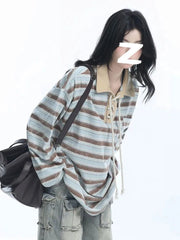 Retro Preppy Style Striped T Shirt Women Loose Long Sleeve American Retro Tees Fall New Letter Embroidery Lace Up Patchwork Tops voguable