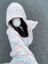 Japanese Y2k Rainbow Striped Kawaii Cardigans Women Autumn All Match Hooded Sweaters Loose Zipper Grunge Knitted Coat Pull Femme voguable