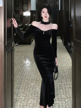 Autumn Solid Vintage Women Party DressesVintage Halter Long Sleeve Mermaid Dress Elegant Off Shoulder Midi Evening Vestidos voguable