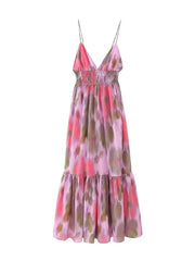 Voguable Women Fashion Printed Elastic Waist Backless Lace Up Midi Dress Vintage Thin Straps V-Neck Female Chic Lady Dresses voguable