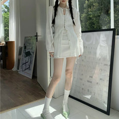 Voguable 2024 Spring New High Street Fashion Sunscreen White Long-sleeved Shirt for Women + Sexy Slim A-line Skirt Two-piece Suit voguable