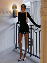 Elegant Round Neck Pleat Long Sleeve Women's Dress Casual Slim Black White Short Dresses 2024 New Female Chic Party Street Robes voguable