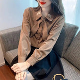 Voguable Niche embroidered versatile shirt corduroy shirt for women in spring and autumn new bow tie top design sense voguable