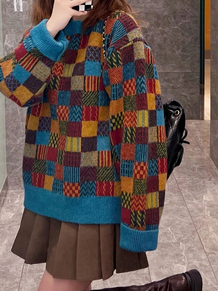 Voguable Retro Harajuku Japan Plaid Sweater Women Streetwear Loose Knitted Tops Casual Loose O Neck Long Sleeve Bf Simple Pullover voguable