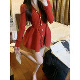 Voguable Vintage Red Knitted Mini Dress Women Elegant Party V Neck Long Sleeve Sweater Dresses Winter Korean Bodycon A Line Vestidos New voguable