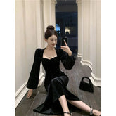 Voguable Vintage Black Velvet Midi Dress Women Elegant Party Diamond Pearl Mermaid Dresses Winter Korean Long Sleeve Bodycon Vestidos New voguable