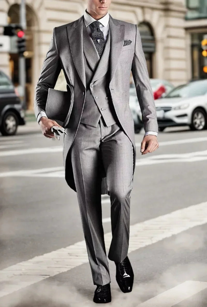 Voguable Elegant Men's 3-Piece Tail Coat Blazer Vest Pant Tuxedo Set Regular Fit Peak Lapel Formal Male Suit for Prom Wedding Business voguable
